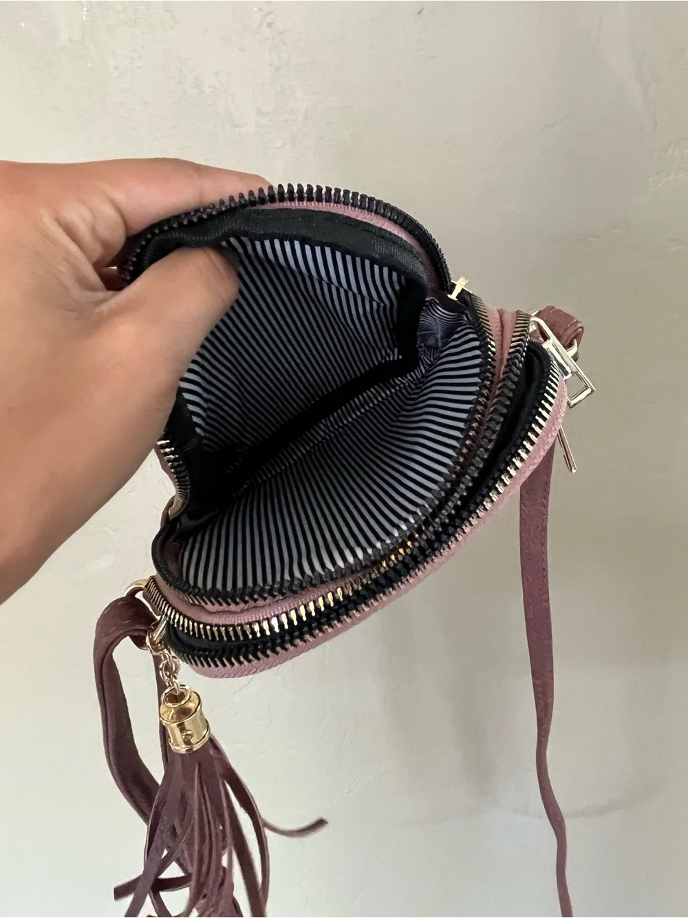 Mini Crossbody Bag in Mauve Pink - Compact Tassel Shoulder Purse